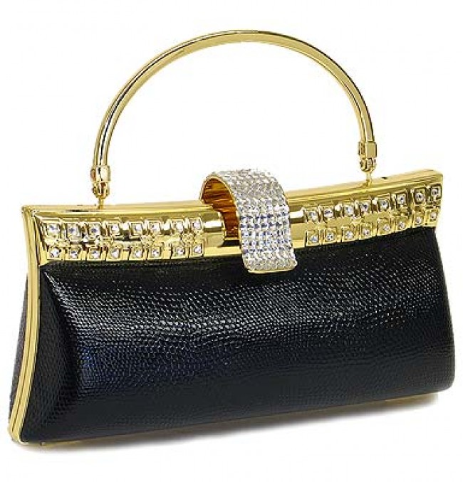Evening Bag - Liz Embossed Clutch w/ Swarovski Crystal Accent Closure - Black - BG-HPZ999B